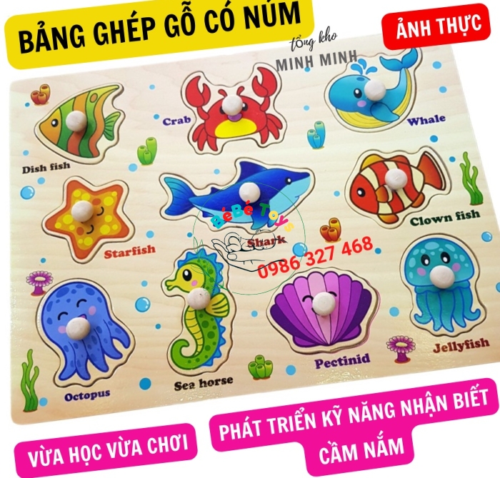 Đồ chơi bảng ghép hình núm gỗ, Bảng gỗ có núm cho bé loại 1 to đẹp chắc chắn nhiều chủ đề KT: 22×30cm