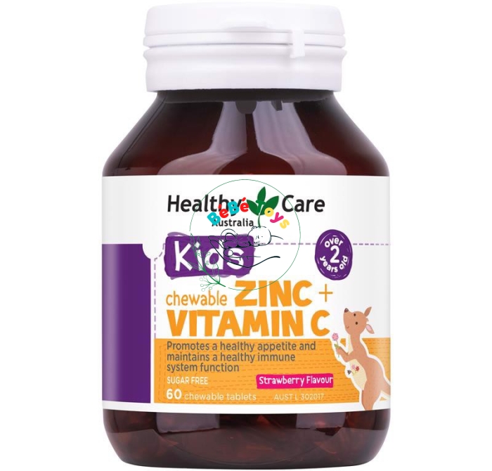 Viên nhai tăng đề kháng cho bé Healthy Care Kids bổ sung kẽm Zinc + Vitamin C 60 viên của Úc